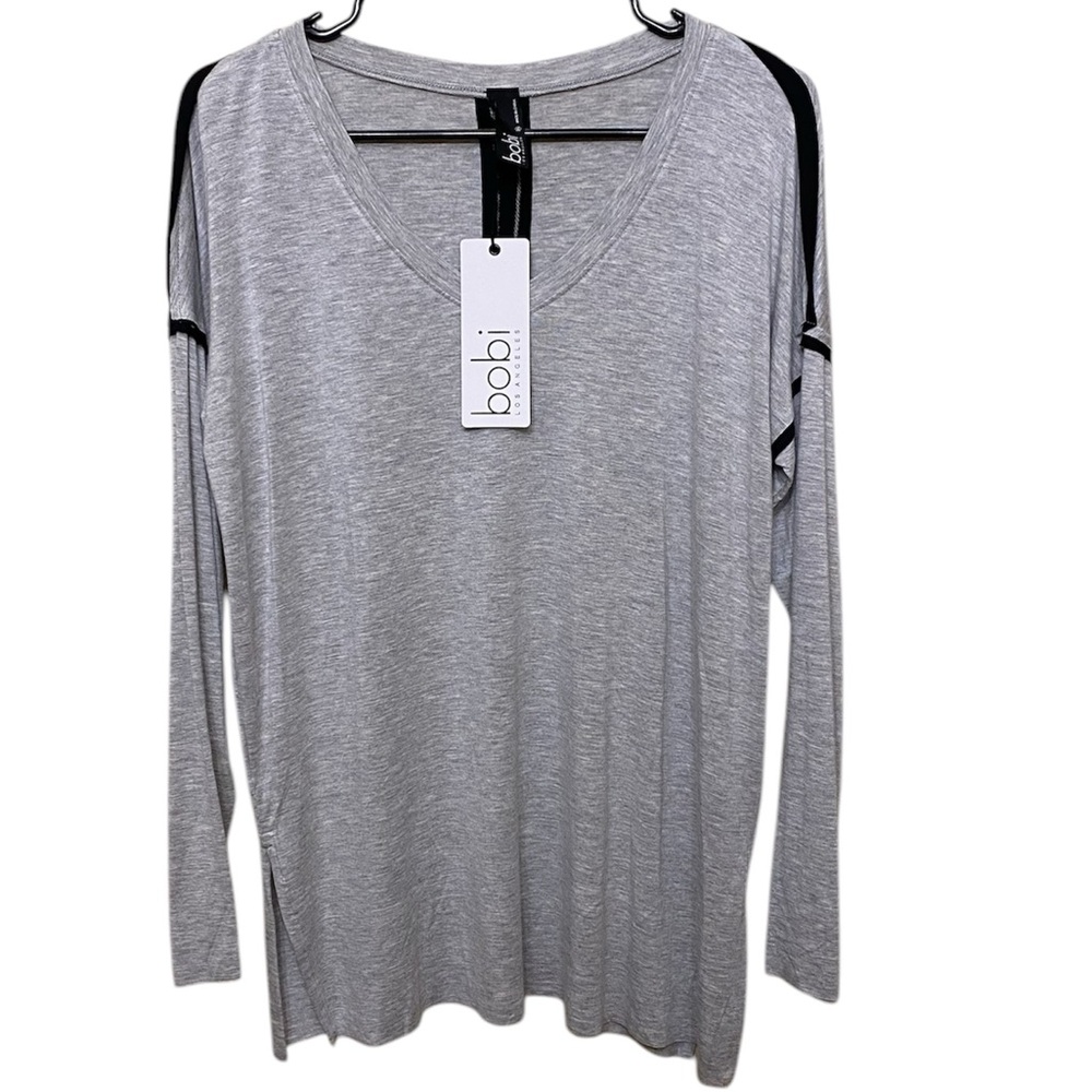NWT Bobi V-neck top Grey with black accents. Long sleeve and raw hems. Size XS